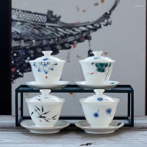 Koppar tefat handmålade jade keramiska tekoppar och fat satte kinesisk teavare sancai skål med locket blått vitt porslin tureen