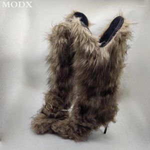 Boots High Heel Wool Fur Pointed Toe Stiletto Slip On Long Snow Metal Buckle Decoration Luxury Plush Runway Shoe For Women