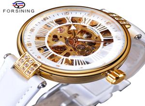 Покачивание белого золотого механического автоматического роскошного роскошного бренда Lady Work Watch Skeleton Clock Женщины подлинные кожаные платья Watches7157932