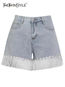 TWOTWINSTYLE Patchwork Tassel Denim Shorts For Women High Waist Spliced Pocket Temperament Short Pants Female Fashion Clothes 240514