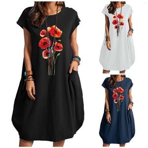 Lässige Kleider Feste Farbe kurzärärmische Kleidung Frauen Sonnenblumen Druck lose Knielänge süße Taschen -T -Shirt