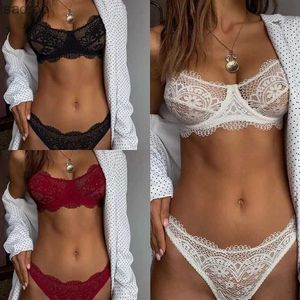 Bras Sets New Sexy Push Up Womens Deep V Cross Back Transparent G String Eyelash Lace Bra Set Womens Bralette Bra Set XW