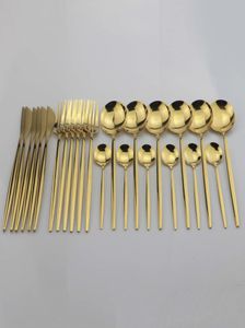 24 st guld servis set spegel cutlery tabellen rostfritt stål plattvaror västerländskt silverkök middag knivsked gaffel bri4759854