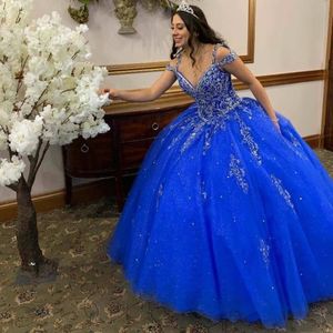 Amazing Ball Gown Quinceanera Dresses 2021 V Neck Off Shoulder Beading Crystal Sequins Long Sweet 15 16 Dress Plus Size Girls 309C