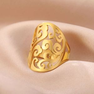 Vintage Filigree Flower Of Life Stainless Steel Bohemian Hollow Open Wide Finger Ring Women Amulet Jewelry Wholesale