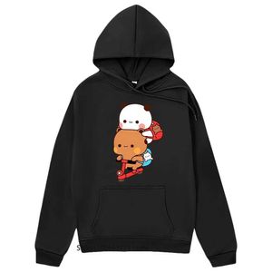 Molus de camisetas masculinas Panda e brownie urso casal de bicicleta com capuz bubu e dudu impressão kawaii fofas mulheres longas slve inverno plus sizeshirt t240510