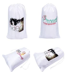 Custom Logo Printed 50PcsLot Polyester Satin Silk White Bags Drawstring Hair Bags Packaging Hair Extension Packaging6699002