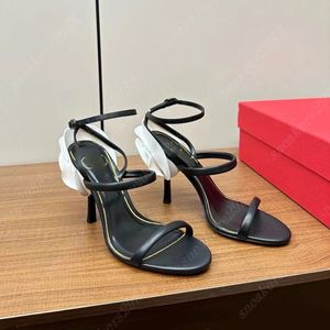 Designer sandals V high heels classic flower decoration luxury dress shoes Women genuine leather slim heels sandals red wedding shoes