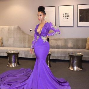 Africa Light Purple Sexy Mermaid Sukienki na bal maturalne 2020 Seksowne głębokie w dekolcie koraliki koronkowe długie rękawy Czarne dziewczyny sukienka imprezowa wieczorna szata 174p