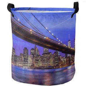 Tvättpåsar City Night Brooklyn Bridge Architecture Foldbar korg stor kapacitet Vattentät lagringsarrangör Kid Toy Bag