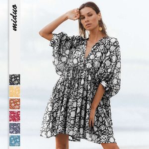 2024 Sommer Mode Frauen fragmentiertes Blumenkrawatte Seil Lose lässiges Baumwollkleid Strand Urlaub Rock F51438