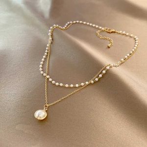 Pendant Necklaces 2024 New Womens Pearl Necklace Kpop Gold Bead Pendant Necklace Gothic Double Layer Chain Necklace Womens Fashion Jewelry J240513