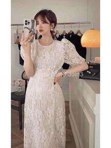 Womens Korean Fashion Puff Short Sleeve Lace Floral Midi Long Dress SMLXL