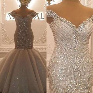 Mermaid Wedding Dresses V-neck Off Shoulder Design Beads Crystal Appliques Customized Bridal Court Gown Vestidos De Novia