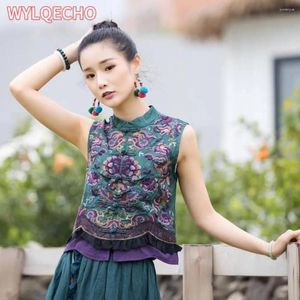 Etniska kläder 2024 Traditionell blommabroderi Hanfu toppar Vest kinesisk ärmlös jacka vintage bomullslinne Gilet