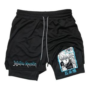 Anime Jujutsu Kaisen 2 in 1 Compression Shorts for Men Athletic Quick Dry Performance with Pockets Gym Workout Fitness 240506