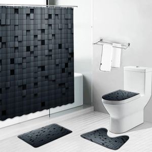 シャワーカーテンジオメトリブラックバスマットモロッコクラシックバスルーム装飾入浴スクリーンノンスリップラグトイレの蓋カバーカーペットセット