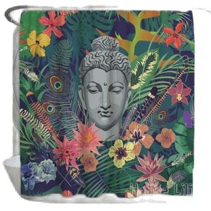 Shower Curtains Buddha By Ho Me Lili With Flowers Green Pink And Grey Tropical Leaf Waterproof Fabric Home Decor