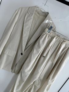 Women's Two Piece Pants 2024 Fashion Cotton And Linen Suit Jacket Elastic Waist Lace-up Trousers 2-piece Set 0507