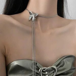 Pendant Necklaces Irregular liquid metal butterfly necklace silver butterfly pendant adjustable stainless steel chain punk hip-hop jewelry J240513