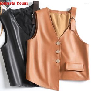 Women's Vests Women Casual Leather Vest 2024 Spring Female High Quality Slim Strap Asymmetry Sleeveless V-Neck Coat Black Chalecos De Mujer