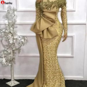 2022 Elegant African Style Lace Mermaid aftonklänningar plus storlek guld paljetter långa ärmar pärlade prom party klänningar robe de soiree wjy5 313e