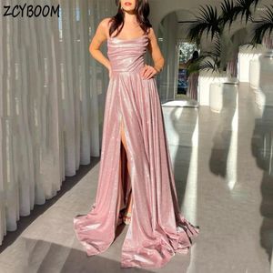 Vestidos de festa Charmamy Pink Spaghetti Strap Dress Black Back Night Vestido 2024 Boho A Linear Sweep Sweep Side fenda lateral