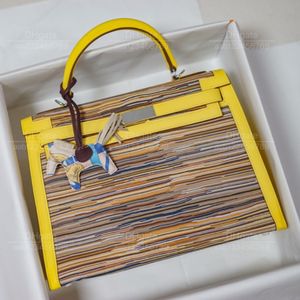 12A top Mirror quality luxury Classic Designer Bag woman handbag all handmade sheepskin yellow 28cm Large capacity tote Minimalist Creative colour clash line bag