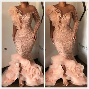 aso ebi arabic mermaid luxurious sexy evening dresses sheer neck beaded prom dresses charming formal party second reception gowns zj456 202L
