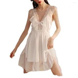 Vestido de dormir feminino vestido curto sexy profundo v maldedinha de babados de arancos de renda com tira