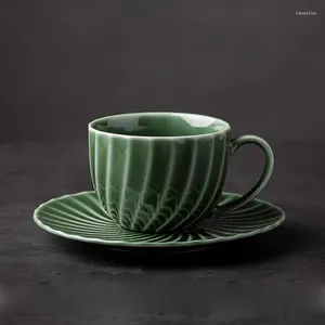 Кружки японская изумрудная кофейная чашка и блюдца 250 мл керамическая полоса кружка