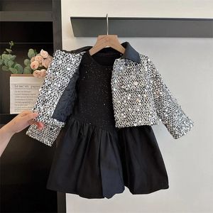 Conjuntos de roupas Girls Coat Dress Dress Kids Suits 2pcs/conjunto de algodão 2024 lantejoulas Spring Autumn Bande Sucenagers