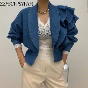 Korean Chic Vintage design waist closed short denim jacket women Port style Lapel versatile Ruffle office lady wear jean coat 240426