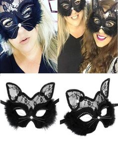 Maschera in maschera veneziana di lusso Girls Girls Sexy Lace Black Cat Eye Mask per elegante abito di Natale Halloween Party Q08063374985