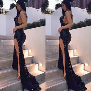 Sexy schwarze Pailletten Mermaid Prom Kleider maßgeschneiderte Seite Split abends Promi -Kleider Crystal Vestidos Festa Rotteppich Partykleid 317W