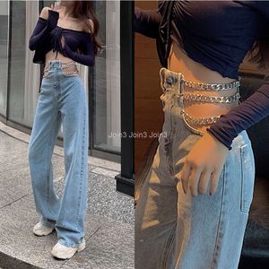 Nuova moda femminile sexy catene ad alta vita a vita patchwork jeans svuota larga gamba larga pantaloni lunghi pantaloni s m l