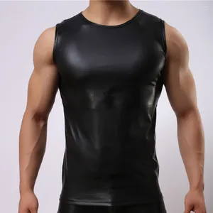 Men's Tank Tops Sexy Men Faux Pu Leather Top Vest Wet Look Breathable Underwear Sleeveless Sissy T-shirt Homme Elastic