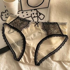 Women's Panties 1pc Middle Waist Bow Lace Mesh Temptation Female Lingerie Briefs Satin Seamless Sexy Underwear