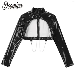 Women's Jackets Women Patent Leather Hollow Out Chest Jacket Crop Top Wetlook Metal Chains Long Sleeve Back Zipper Coat Sexy Rave Night