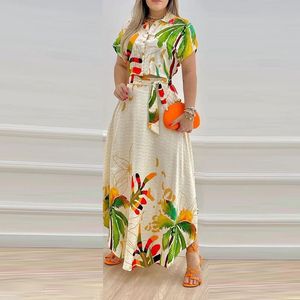 Mulheres verão Tropical Print Skirt Suit Fashion Bohemian Style Casual Elegant Button Down Down Crop Top Stand Roupos 240514