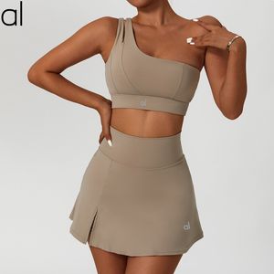 AL-269 Women Yoga Bra Skirts Set One-shoudler Sports Underwear+Breathable Anti-slip Culottes Short Running Skirts+ Fiteness Vest