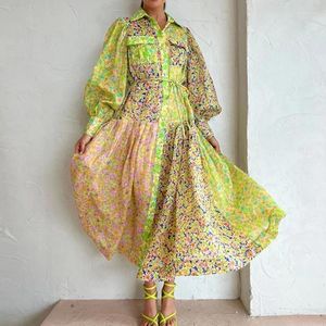 Sukienki swobodne boho elegancka guzika lapel długie sukienki Kobiety wiosenny wzór druk splicing hem Maxi Autumn Lantern Sleeve Shirt