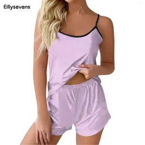 Hemkläder överdimensionerade Suspender Pyjamas Set Summer Female Pijamas Suit Pink Silk Satin Cami Shorts Sleepwear Löst hemkläder 2024