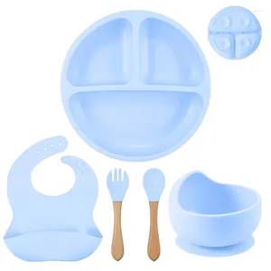 Tallrikar 6st Baby Silicone Table Set Sucker Antislip Bowl Plate Cup Bibbs Spoon Fork Barnens saker Matningsrätter