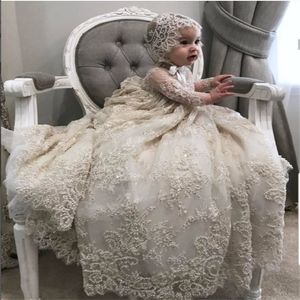 豪華な白い象牙の洗礼ガウンレースパールベビーガールバプテスマドレス幼児幼児の洗礼服をボンネット256k