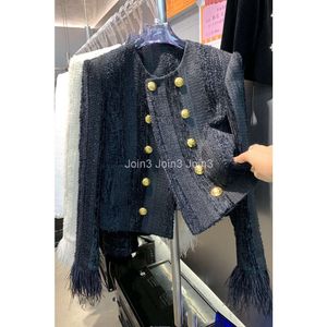 Kadın O boyun tweed yünlü Çifte Göğüslü devekuşu kürk kollu moda ceket smlxl