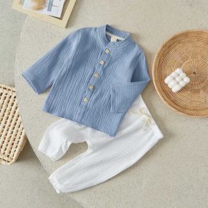 Clothing Sets Suefunskry Childrens and Boys Autumn Clothing Solid Color Button Long sleeved Shirt Top and Elastic Waist Pants 2PCS Clothing Set 6M-4Y d240514