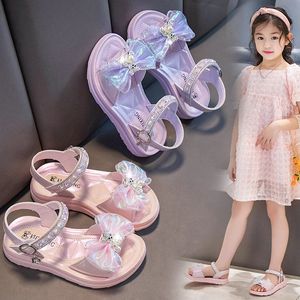 Girls Sandals Beach shoes Summer Sweet Princess Kids Fashion Solid Children Soft s Flower Shine Party Shoes 240506