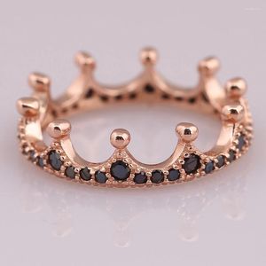 Anéis de cluster Rose Rose Encantada Crown Black Crystal Ring for Women Authentic S925 Sterling Silver Lady Jewelry Girl Birthday Gift