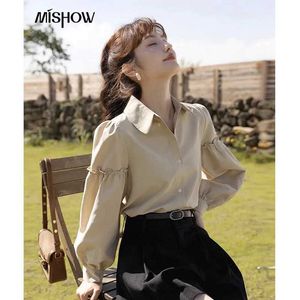 Women's Blouses Shirts MISHOW 2021 Winter Shirts For Women Turn Down Collar Solid Long Slve Office Lady Casual Puff Slve Female Clothing MXA41C0144 Y240510